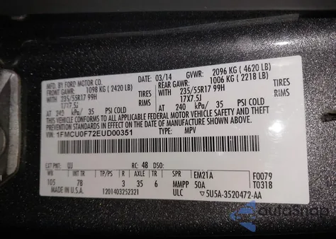 2014 Ford Escape S z USA, uszkodzony, nr VIN 1FMCU0F72EUD00351